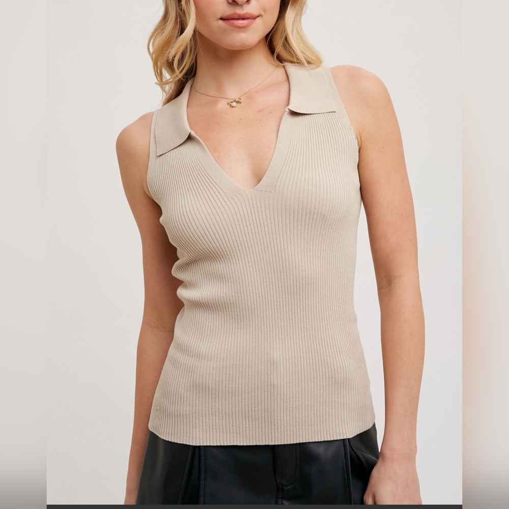 Sleeveless Ribbed Knit Collared V-Neck Top in beige